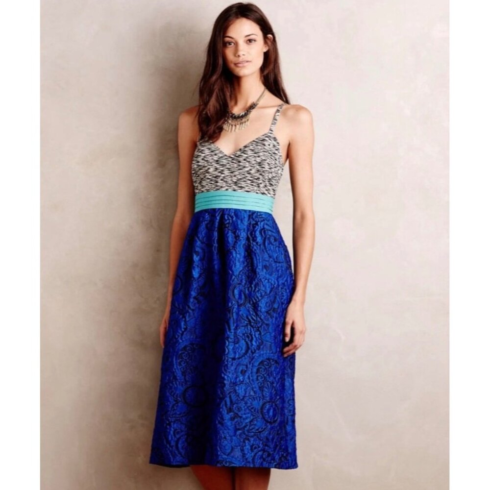 Anthropologie Blue Lace Midi Dress with Mint Sash - Picture 2 of 10